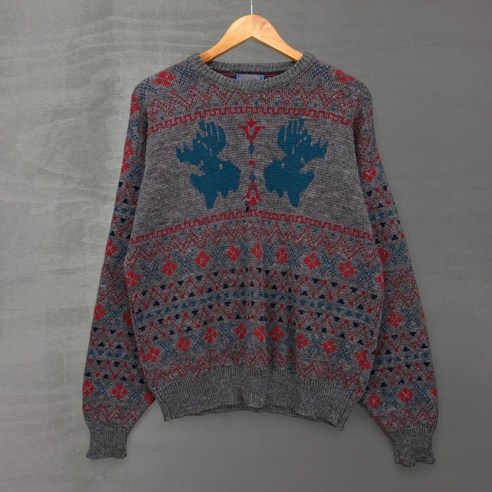 Vintage Pendleton Wool Sweater Grey Fair Isle Moose Graphic 80s XL